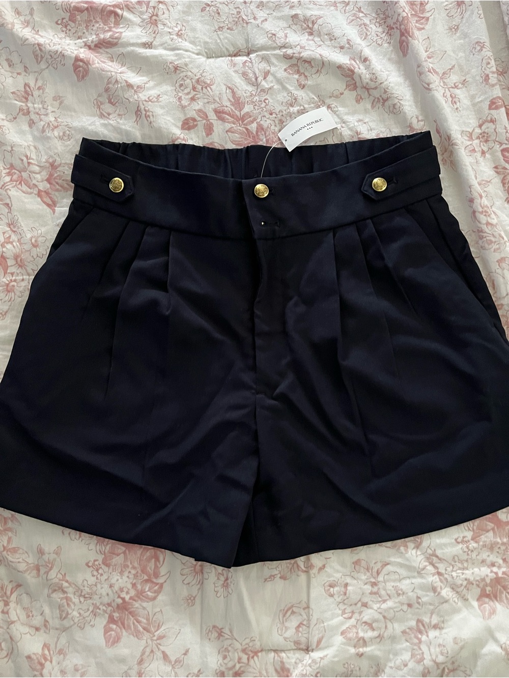 Banana Republic Navy High-Waist Pleated Shorts with Gold Buttons